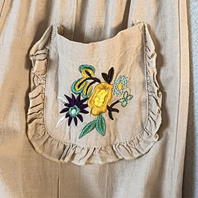 Buddha Stones Casual Beige Embroidery Women's Wide Leg Cotton Linen Pants With Pockets