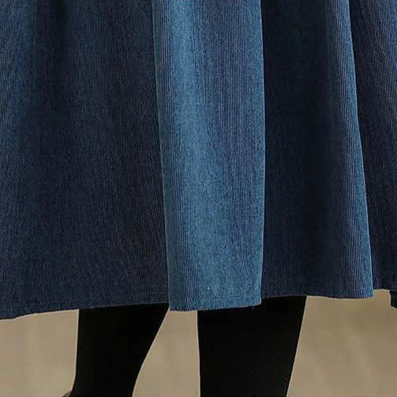 Buddha Stones Fall Plain DarkBlue Long Sleeve Corduroy Midi Dress With Pockets