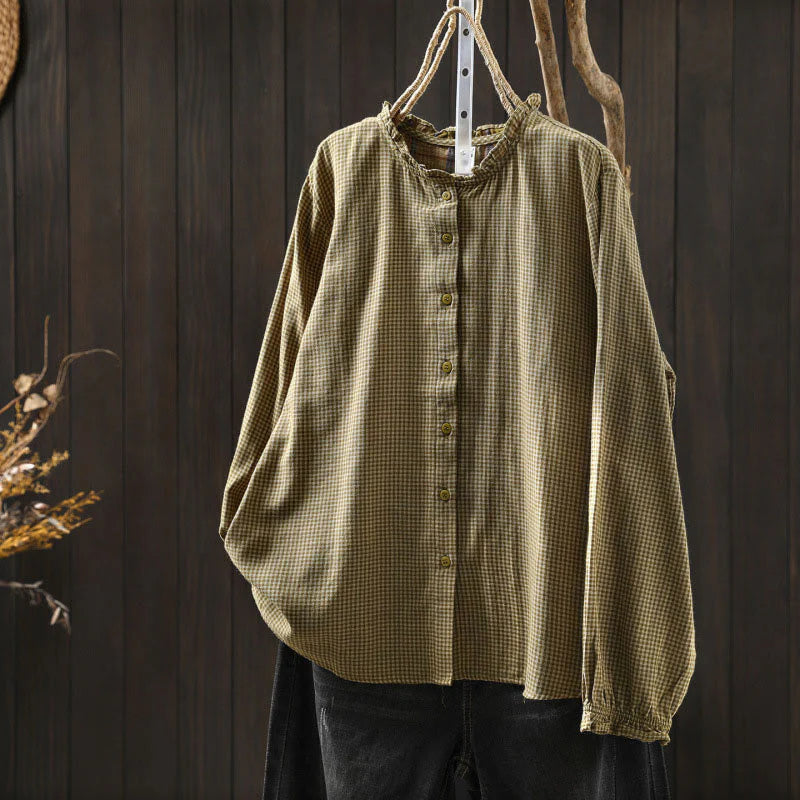 Buddha Stones Fall Tiny Plaid Button Down Ruffle Collar Long Sleeve Women's Cotton Shirt