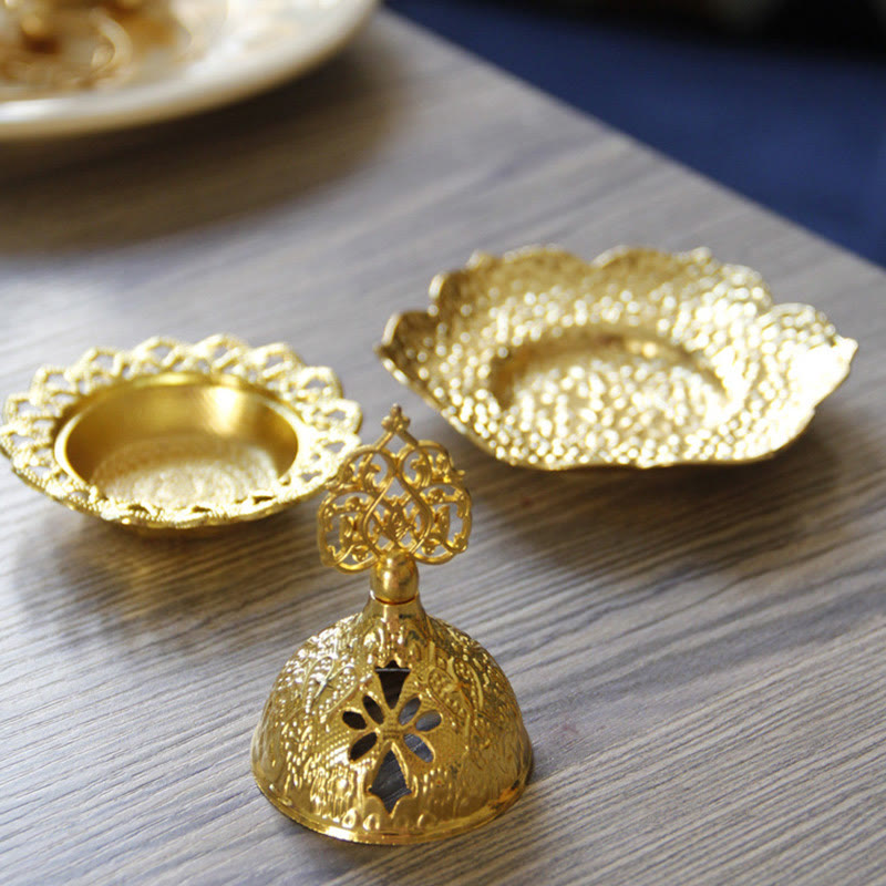 Buddha Stones Gold Leaf Coaster Spiritual Mini Alloy Metal Incense Burner