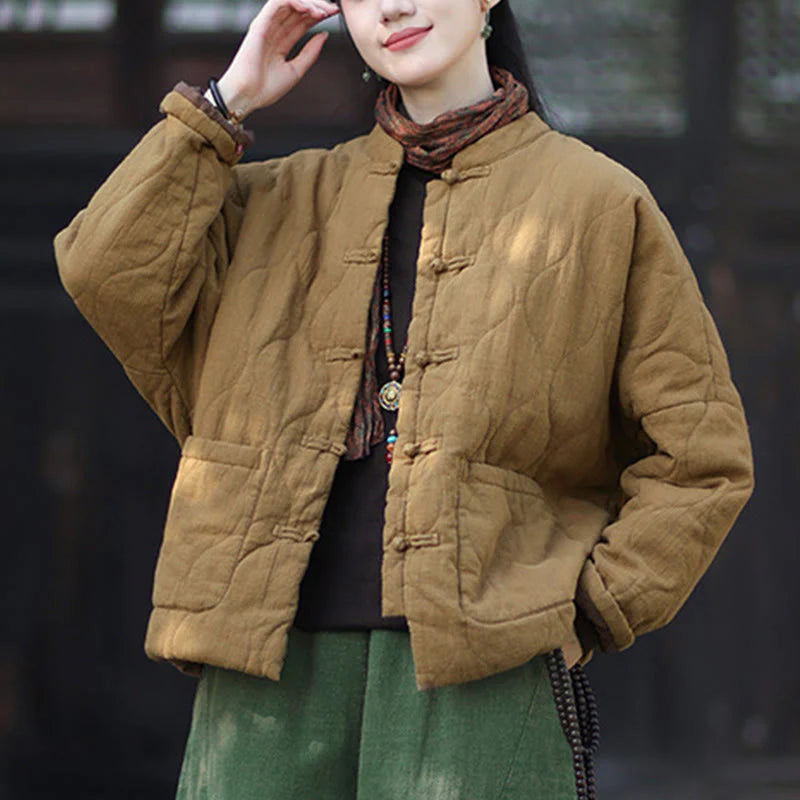 Buddha Stones Winter Curved Lines Frog-Button Ramie Cotton Long Sleeve Women's Thermal Jacket With Pockets