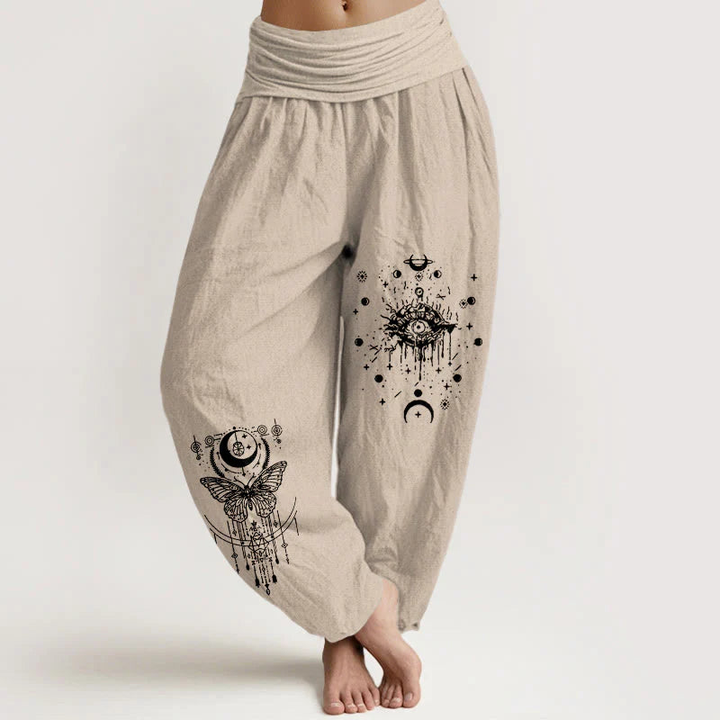 Buddha Stones Pure Cotton Minimalist Design Eye Moon Butterfly Pattern Women's Elastic Waist Harem Pants