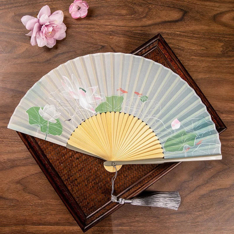 Buddha Stones Jasmine Lotus Begonia Flowers Handheld Bamboo Folding Fan (Extra 30% Off | USE CODE: FS30)