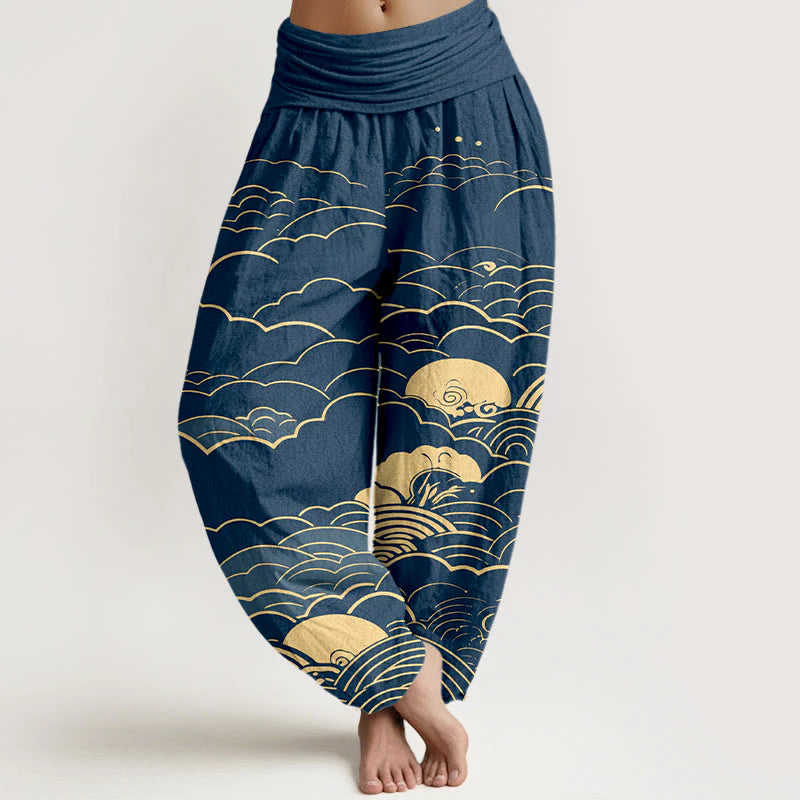 Buddha Stones Cotton Classical Clouds Spiral Pattern Women's Elastic Waist Harem Pants