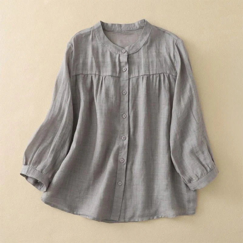 Buddha Stones Plain Crew Neck Buttons Design Three Quarter Sleeve Women's Shirt