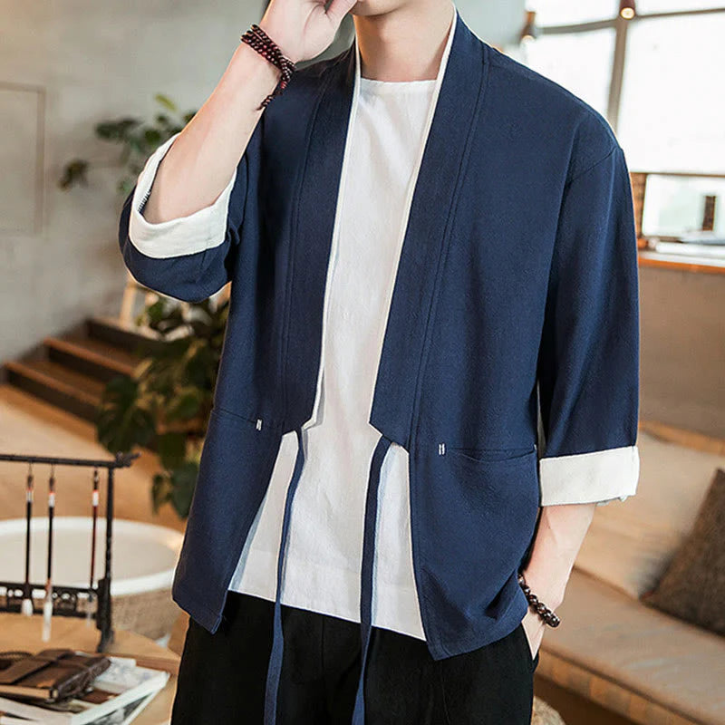 Buddha Stones Lace-Up Design Jacket Cotton Linen Men's Three Quarter Sleeve Kimono With Pockets