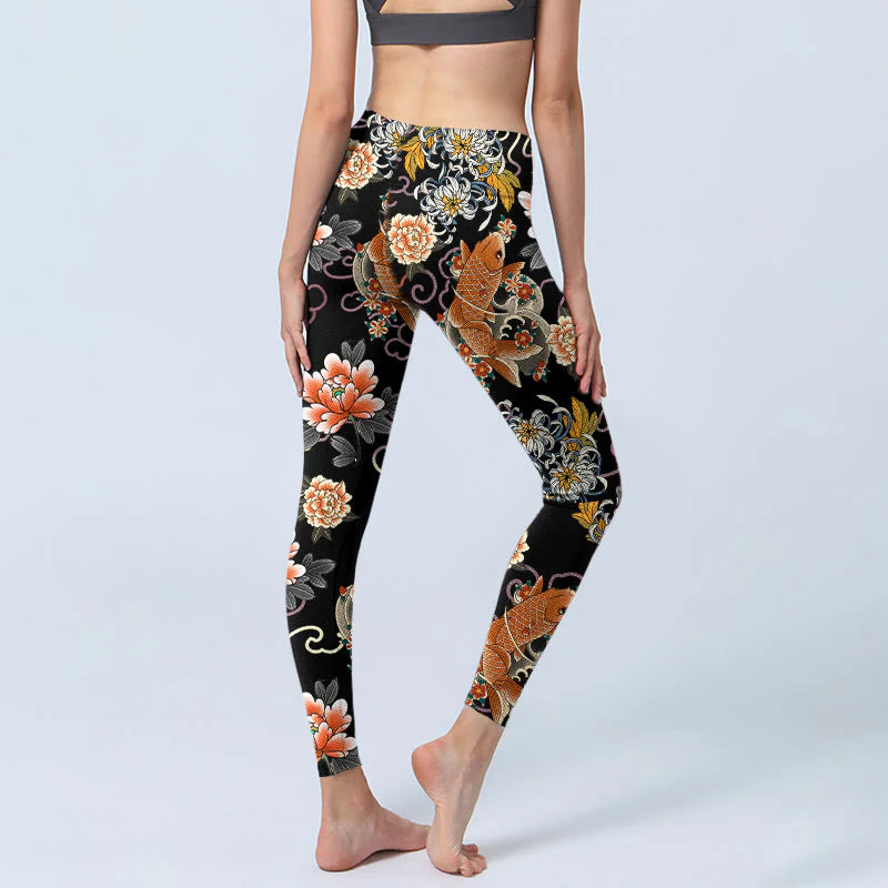 Buddha Stones Koi Fish Peony Chrysanthemum Clouds Pattern Print Gym Leggings Women's Yoga Pants