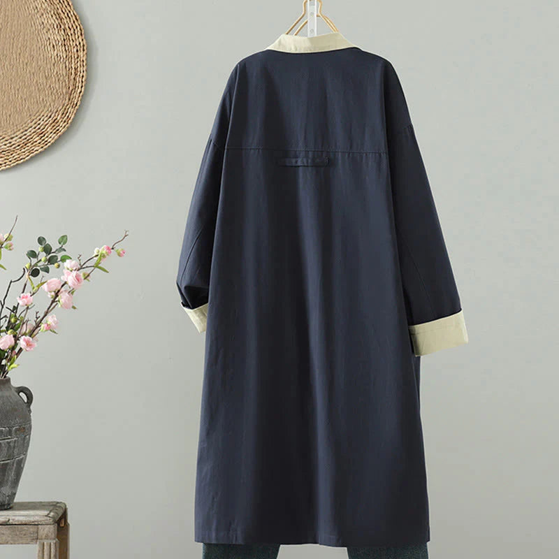 Buddha Stones Fall Lapel Buttons Patchwork Design Women's Cotton Long Sleeve Coat With Pockets