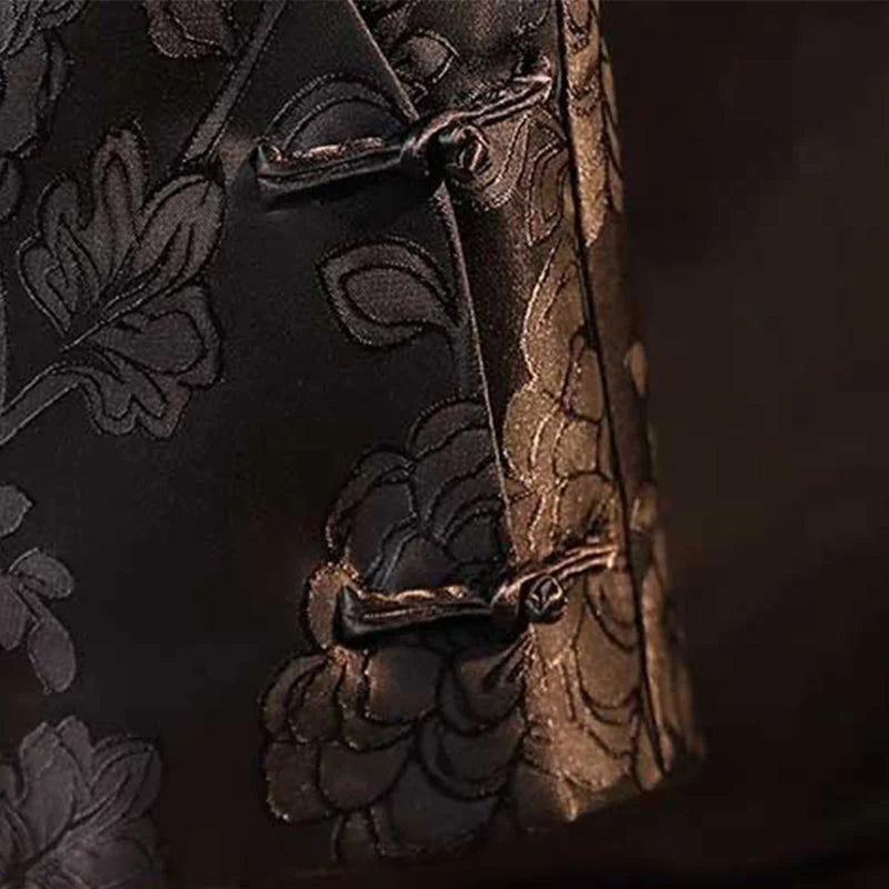 Buddha Stones Black Peony Flowers Frog-Button Pattern Cotton Women's Sleeveless Vest Waistcoat
