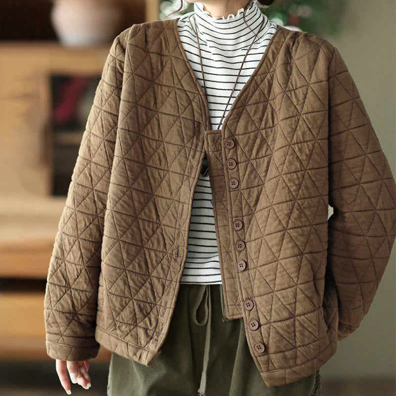 Buddha Stones Winter Cotton Long Sleeve Diamond Pattern Women's Thermal Jacket With Pockets