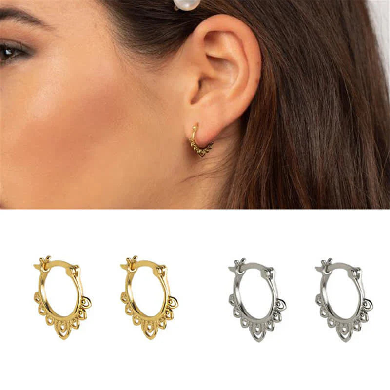 Buddha Stones Round Lotus Flower Pattern Luck Hoop Earrings