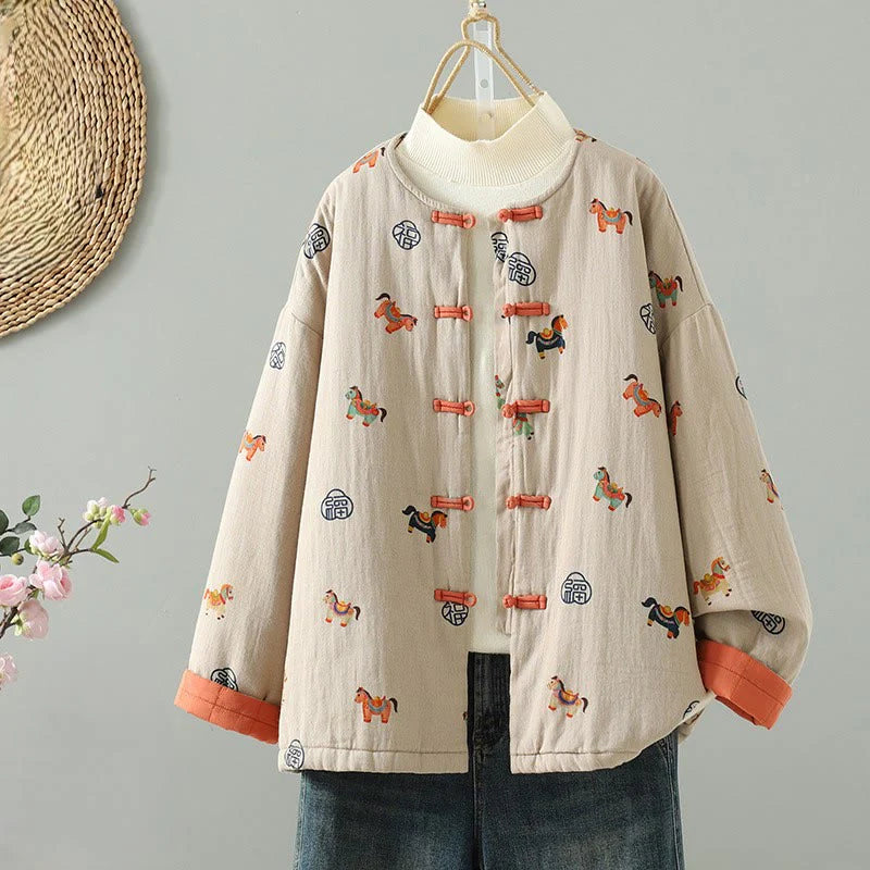 Buddha Stones Horse Fu Character Pattern Frog-Button Design Women's Long Sleeve Thickened Jacket