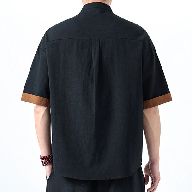 Buddha Stones Spring Color Contrast Chinese Frog-Button Design Men's Half Sleeve Cotton Linen Shirt