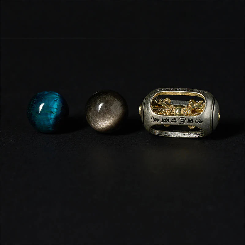 Buddha Stones Natural Silver Sheen Obsidian Blue Tiger Eye Om Mani Padme Hum Soothing Bracelet
