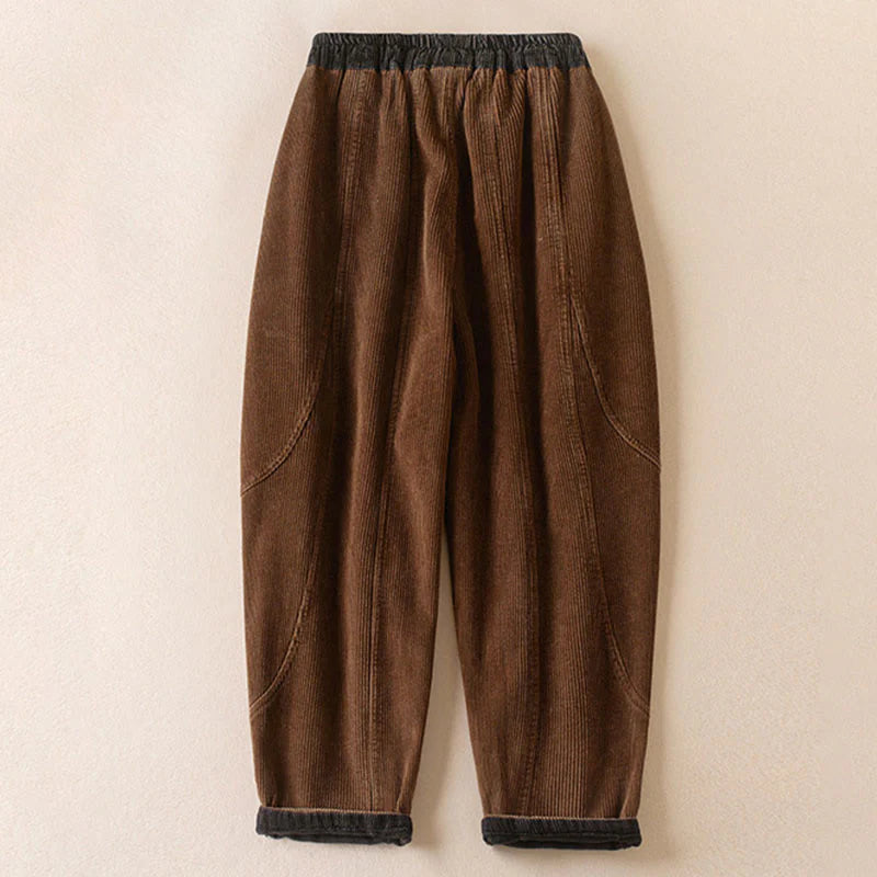 Buddha Stones Color Contrast Corduroy Cotton Women's Thermal Fleece-Lined Harem Pants With Pockets