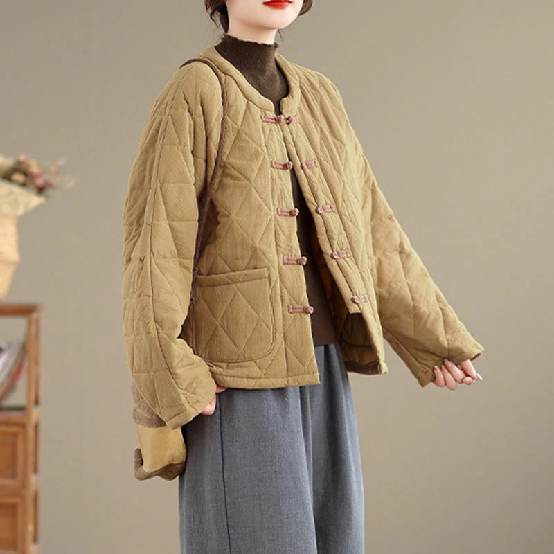 Buddha Stones Winter Frog-Button Diamond-shaped Lines Cotton Long Sleeve Women's Thermal Jacket With Pockets