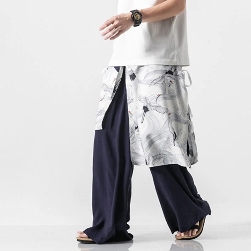 Buddha Stones Summer Flying Crane Design Cotton Men's Wide Leg Pants With Pockets