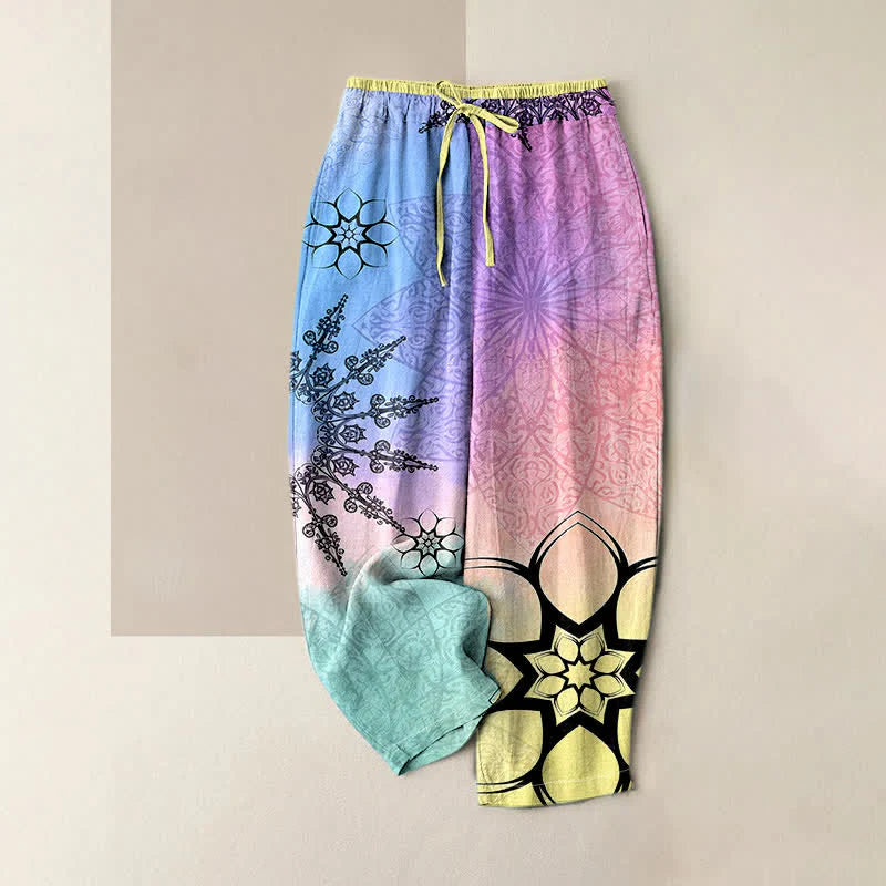 Buddha Stones Cotton Print Gradient Mandala Elastic Waist Women's Pants With Pockets