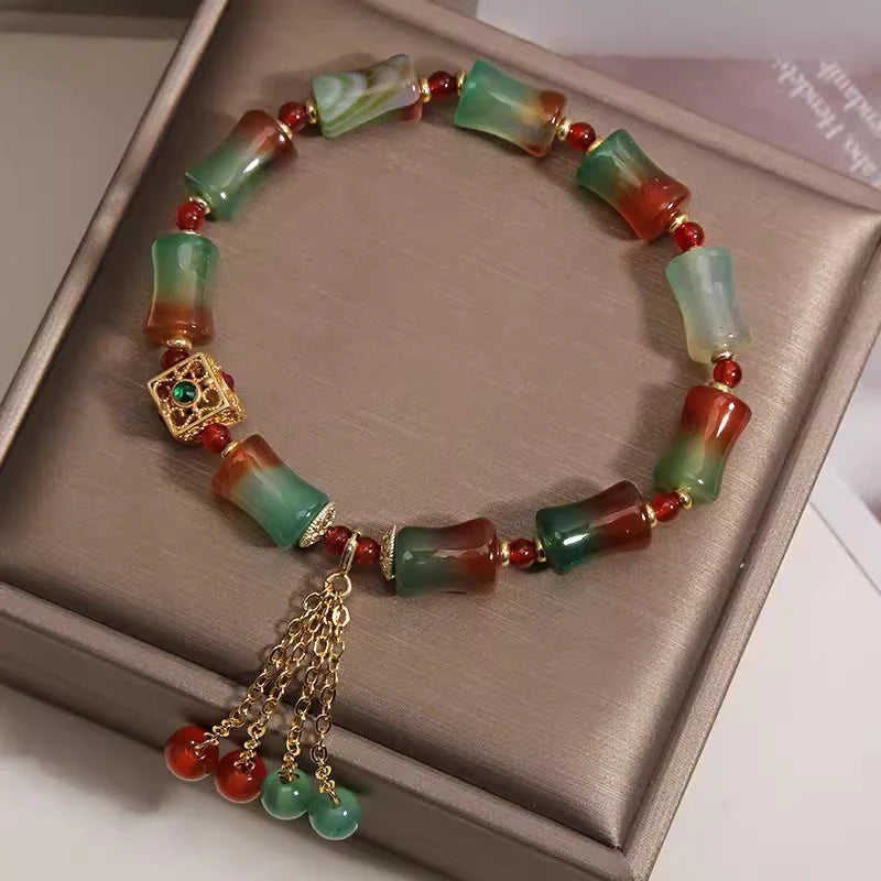 Buddha Stones Colorful Peacock Agate Bamboo Beads Tassel Courage Bracelet