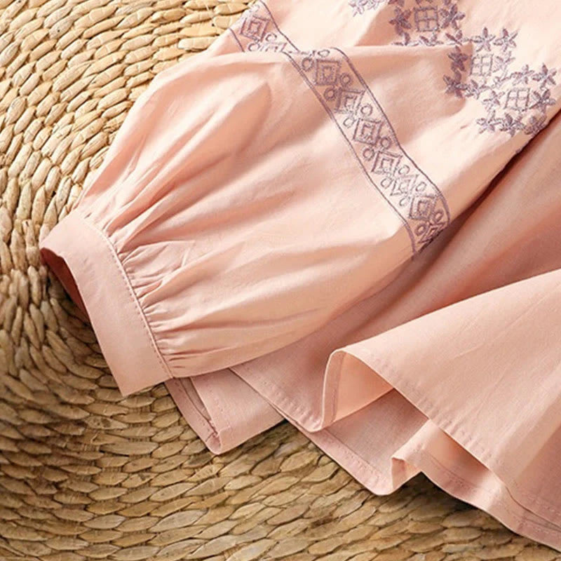 Buddha Stones Embroidery Pleated Buttons Long Lantern Sleeve Women's Cotton Shirt