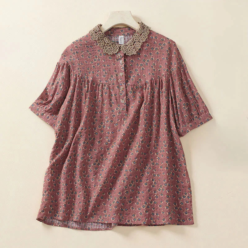 Buddha Stones Front Button Design Floral Print Pattern Women's Cotton Half Sleeve Shirt