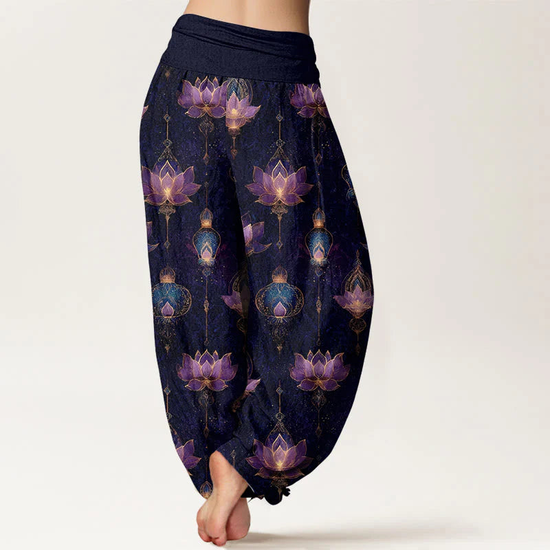 Buddha Stones Cotton Gorgeous Lotus Lantern Pattern Women's Elastic Waist Harem Pants