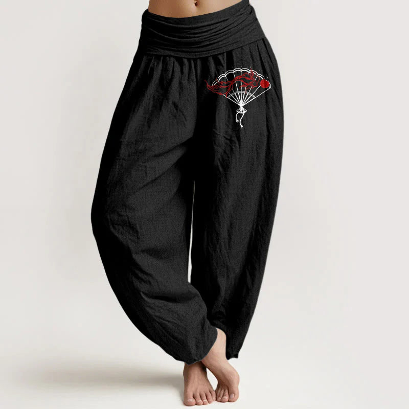 Buddha Stones Fan Red Fish Pattern Women's Elastic Waist Harem Pure Cotton Pants