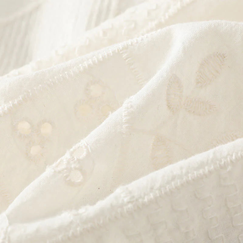 Buddha Stones Casual Embroidery Hollow Cotton Polyester Half Sleeve Women's Crew Neck Shirt