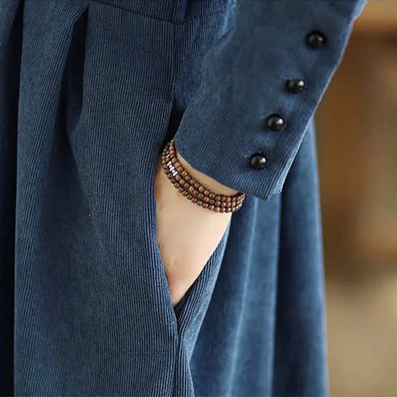 Buddha Stones Fall Plain DarkBlue Long Sleeve Corduroy Midi Dress With Pockets