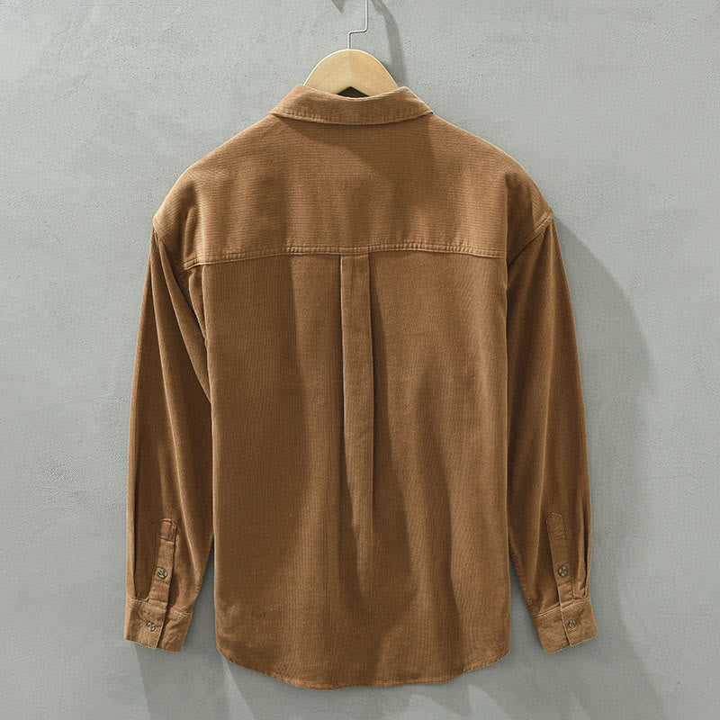 Buddha Stones Fall Decorative Pocket Buttons Down Stand Collar Long Sleeve Men's Cotton Corduroy Shirt
