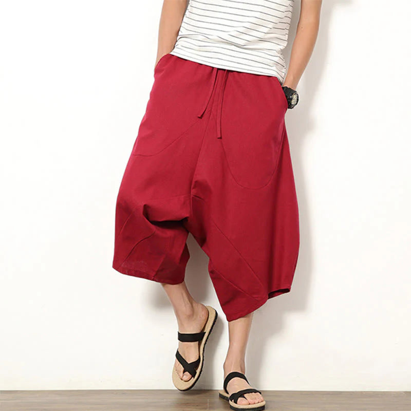 Buddha Stones Spring Plain Simple Patchwork Design Drawstring Cotton Linen Men's 7-8 Length Wide Leg Pants With Pockets