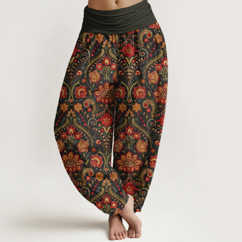 Buddha Stones Cotton Colorful Flower Leaf Scroll Pattern Women's Elastic Waist Harem Pants