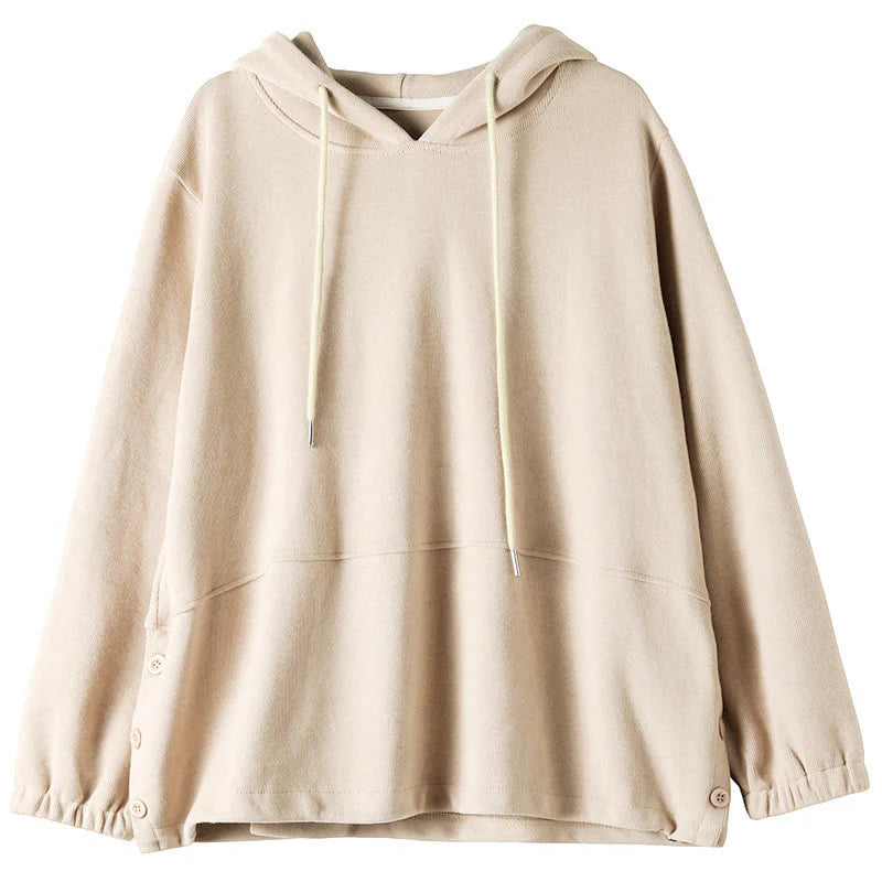 Buddha Stones Fall Solid Color Side Buttons Cotton Long Sleeve Women's Hoodie