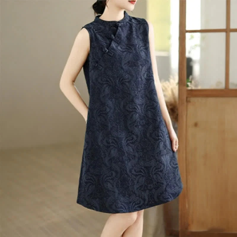 Buddha Stones Mandarin Collar Frog-button Jacquard Pattern Sleeveless Cotton Mini Dress With Pockets