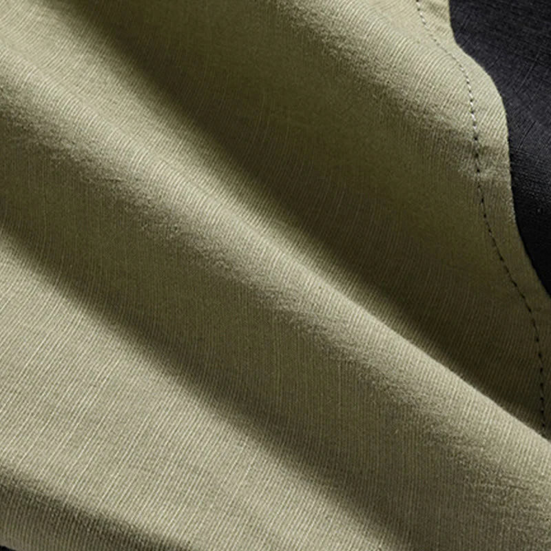 Buddha Stones Spring Color Contrast Chinese Frog-Button Design Men's Half Sleeve Cotton Linen Shirt