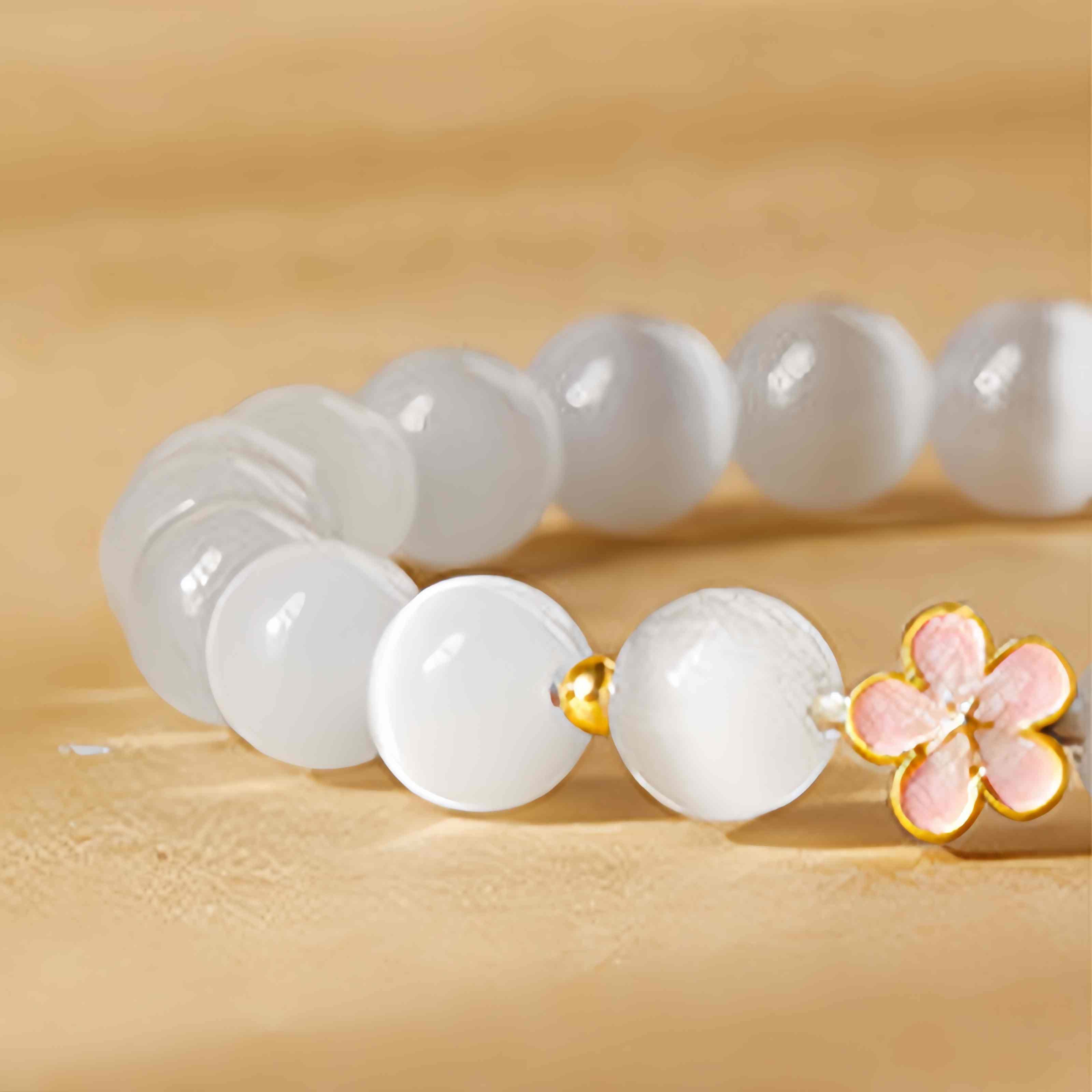 Buddha Stones 925 Sterling Silver Peach Blossom Lucky Bag White Cat's Eye Luck Bracelet