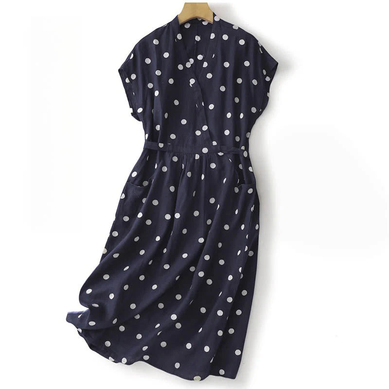 Buddha Stones Polka Dot V-Neck Lace-up Cotton Linen Women's Midi Dress With Pockets