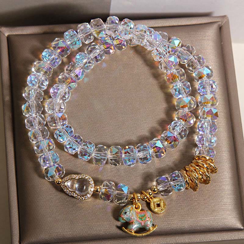 Buddha Stones Chinese Zodiac Year Of The Horse Crystal Glass Copper Coin Gourd Double Wrap Bracelet