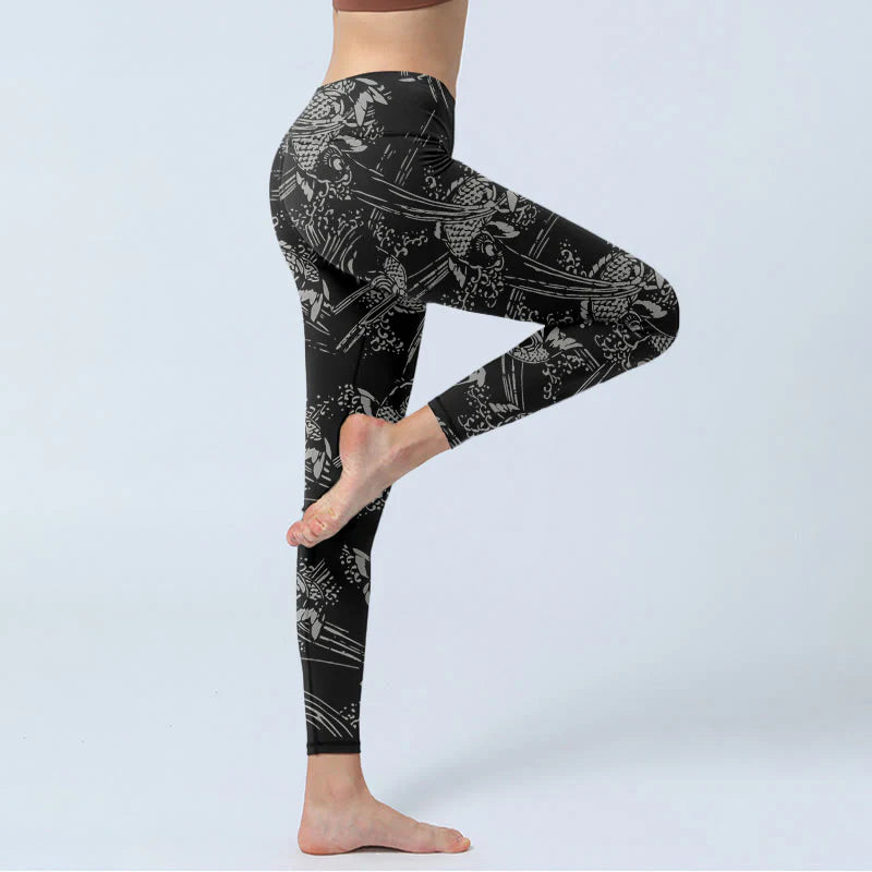 Buddha Stones Black Koi Fish Pattern Print Gym Leggings Women's Yoga Pants