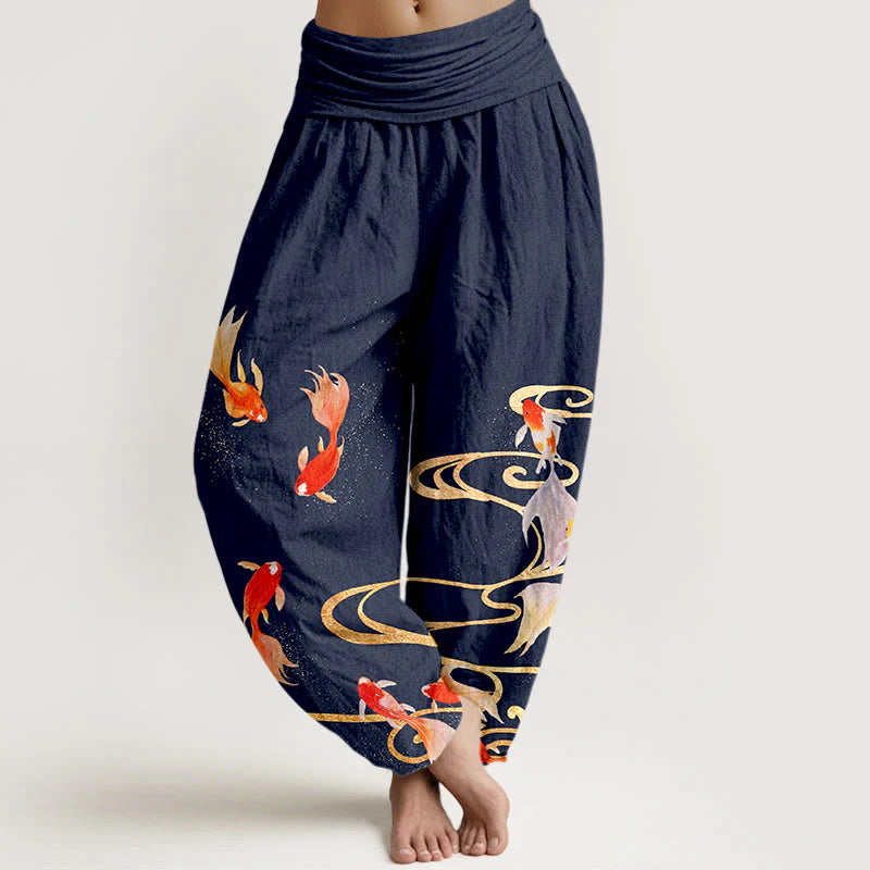 Buddha Stones Pure Cotton Koi Fish Koi Water Ripples Pattern Women's Elastic Waist Harem Pants
