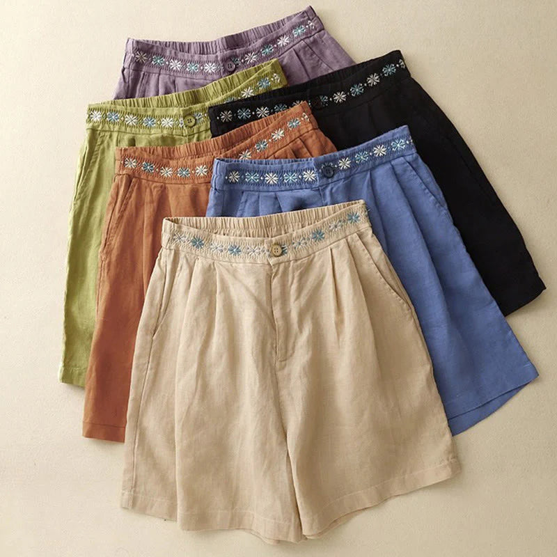 Buddha Stones Summer Casual Embroidery Flower Pleated Zipper Button Cotton Linen Women's Shorts With Pockets