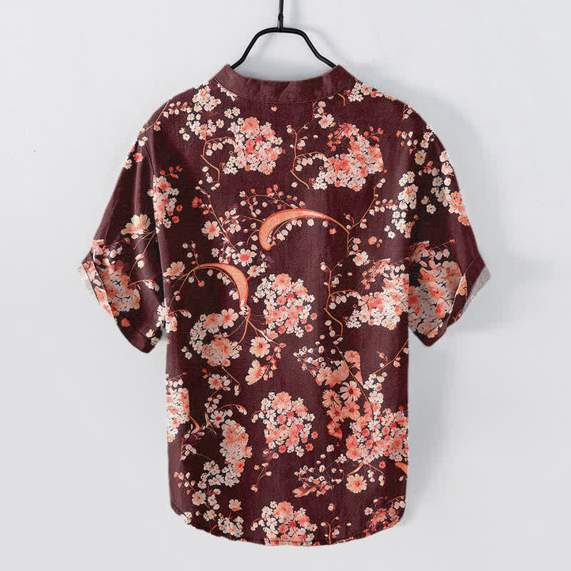 Buddha Stones Cotton Pink Floral Henley Men's Short Sleeve Half Button Shirt