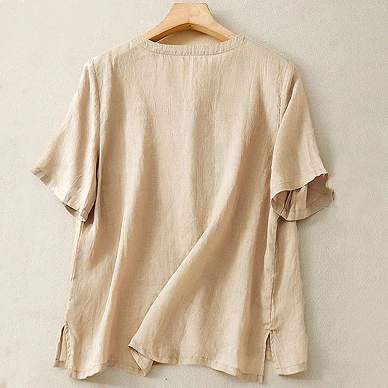 Buddha Stones Casual Women's Embroidered Flower V-neck Design Loose Half Sleeve Cotton Linen Shirt