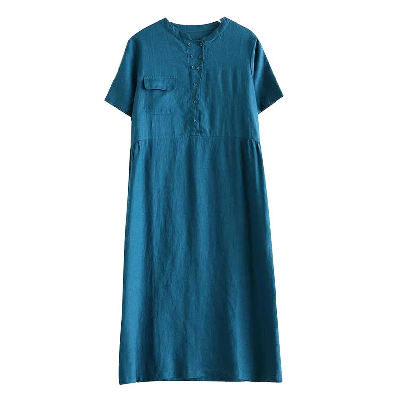 Buddha Stones Stand Collar Buttons Design Linen Short Sleeve Midi Dress With Pockets