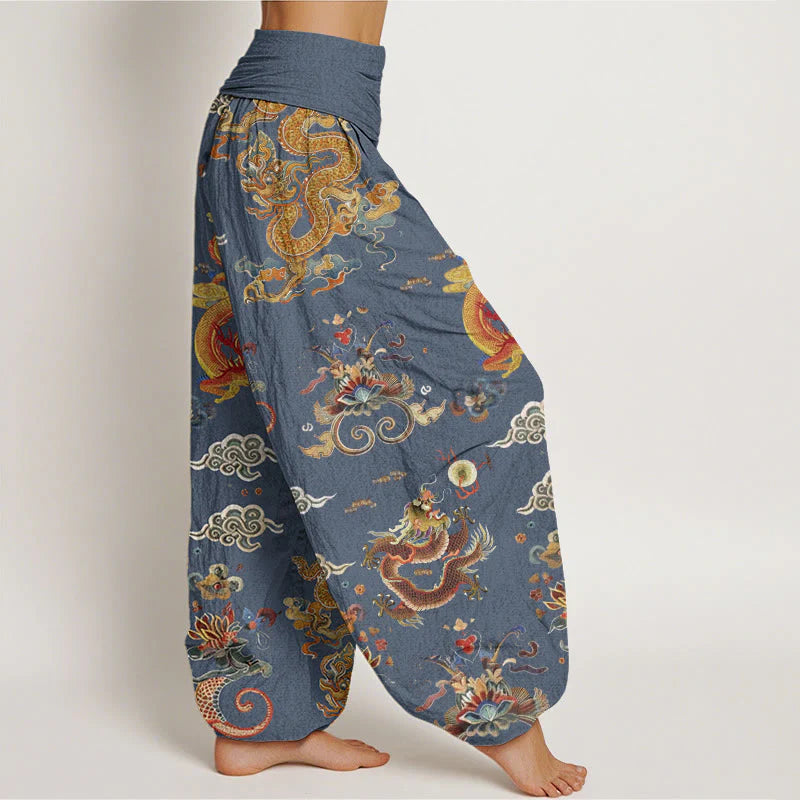 Buddha Stones Cotton Golden Dragons Auspicious Clouds Design Women's Elastic Waist Harem Pants
