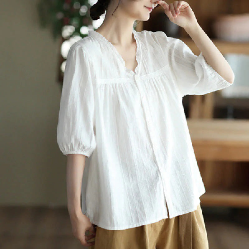 Buddha Stones Women's Pure White Lace V-neck Design Half Sleeve Cotton Shirt