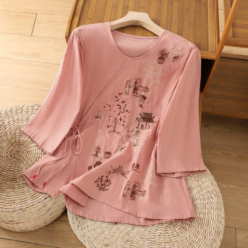 Buddha Stones Retro Embroidery Lace-Up Women's Three Quarter Sleeve Cotton Linen T-Shirt