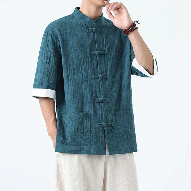Buddha Stones Summer Flowers Grass Pattern Tang Suit Men's Frog-Button Half Sleeve Cotton Shirt With Pockets