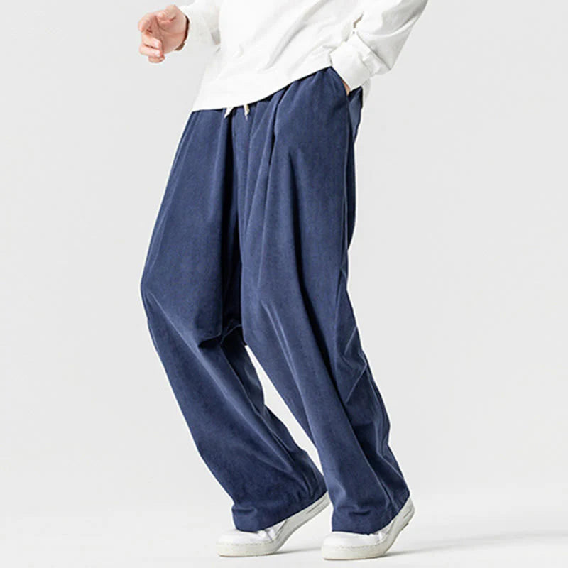 Buddha Stones Winter Drawstring Corduroy Cotton Men's Wide Leg Pants With Pockets