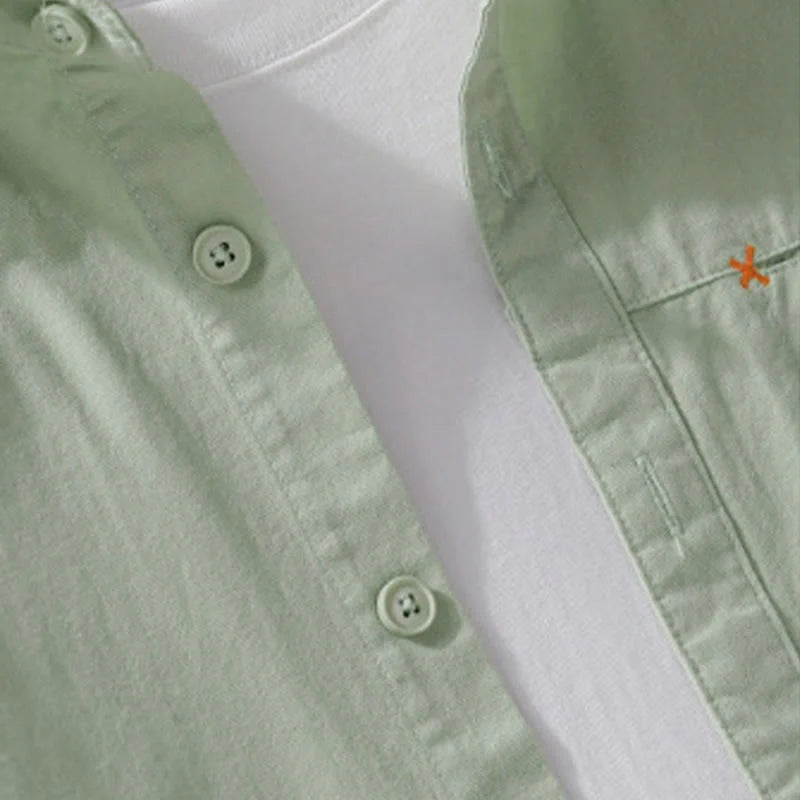 Buddha Stones Spring Solid Buttons Down Decorative Pocket Men's Stand Collar Long Sleeve Cotton Shirt